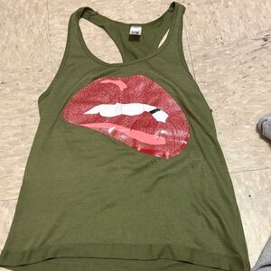 Zumba Fitness Olive Green Ribbed Racerback Tank with Red Lip Graphic